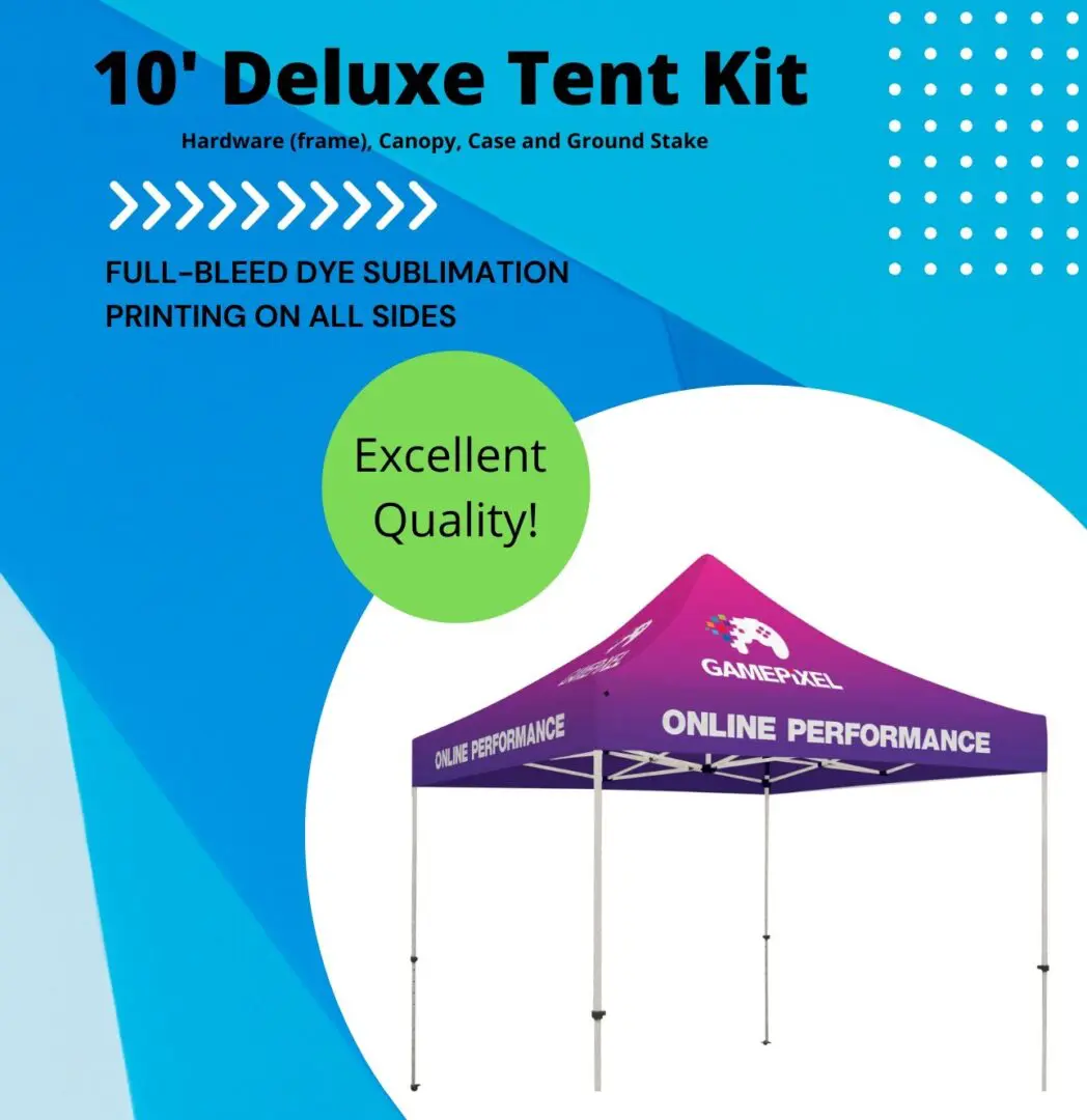 A tent with an advertisement on it.